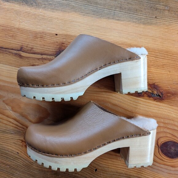 Butterscotch No 6 Leather Wood Block Mid Heel Shearling Lined Slip On Liza Clogs - Picture 3 of 14